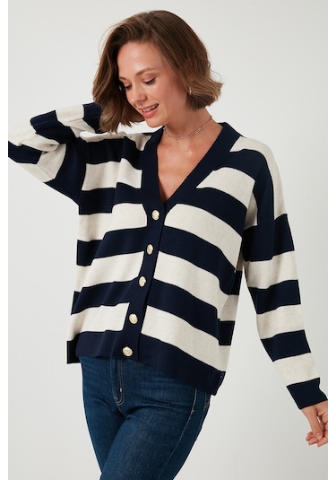 Lela Regular Fit Çizgili V Yaka Düğmeli Soft Akrilik Bayan Hırka 4615188 Lacivert-Taş