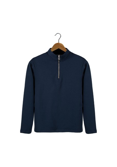Erkek Lacivert Yarım Fermuarlı Basic Düz Sweatshirt Lacivert3