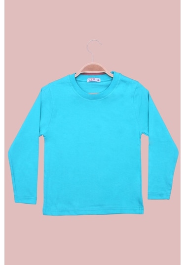 Düz 0 Yaka Uzun Kol Unisex Çocuk Turkuaz Sweatshirt Turkuaz