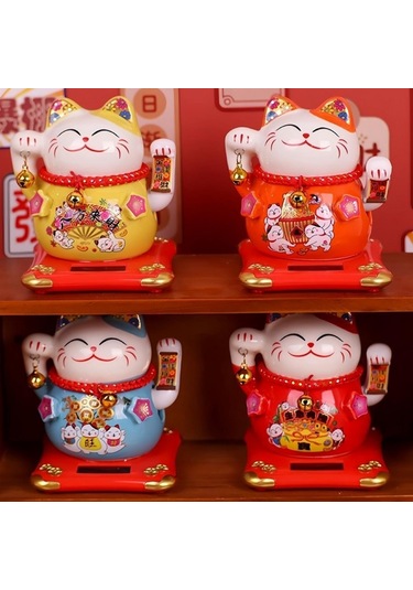 Seramik Maneki Neko Kırmızı Güneş Enerjili Şans Kedisi 12cm No.1