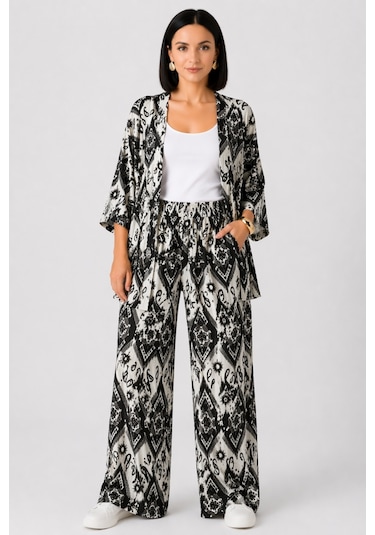 Trend Alisse Kadın Siyah Şal Desenli Bol Paça Palazzo Alt Üst Kimono Takım