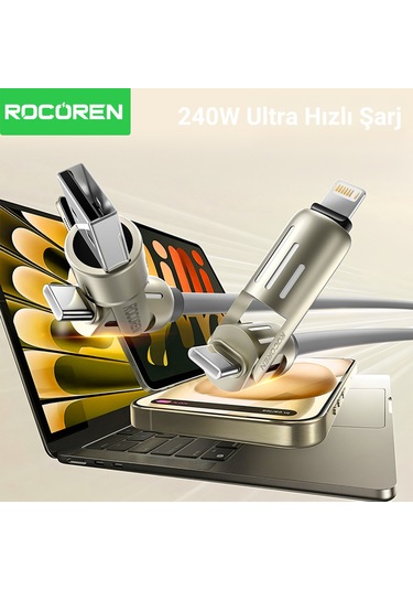 Rocoren 240w 4'ü 1 Arada Type-c / Usb-a / Lightning Gri Silikon Şarj Ve Data Kablosu 1.2 Metre