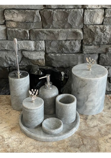 Gri Polen Stone Mermer Japon Gülü Gümüş Aksesuarlı 7'li Banyo Seti Beyaz