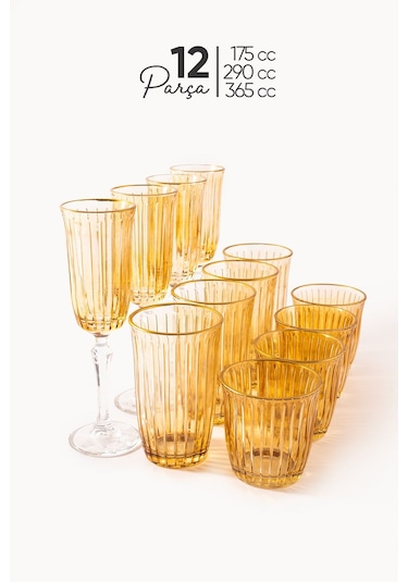 Mest 12 Parça Joy Model Su Ve Meşrubat Bardağı Seti - 170, 290, 365 Cc - Çok Amaçlı Şıklık Amber