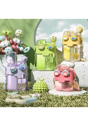 Kawaii Su Şişeleri Samanlı, Moda Plastik Çift İçme Suyu Şişesi Spor Fitness Gym Camping Lavanta 780ml İçin Ayarlanabilir Kayış Gül Kırmızı