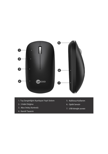 Lecoo WS214 Kablosuz 1200DPI 3 Tuşlu Optik Mouse