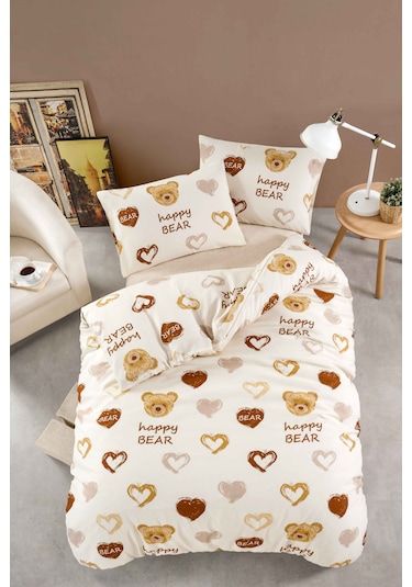 Tabu Home Ranforce Ayıcıklı Kalpli Çarşafı Lastikli Tek Kişilik Nevresim Takımı
