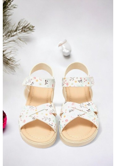 Cırt Cırtlı Ekru Baskılı Kız Çocuk Sandalet 001