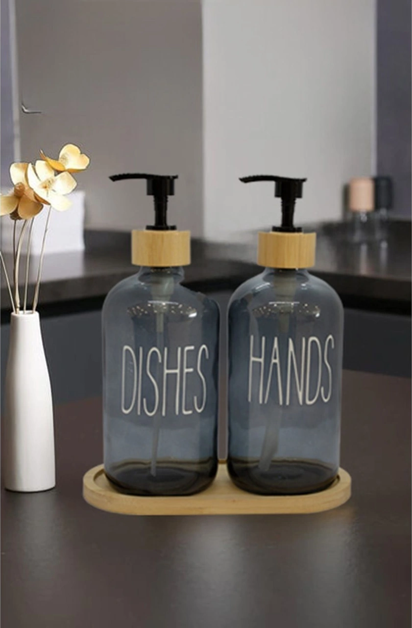 2 Li Füme Mutfak Sıvı Sabunluk Seti Hands&dishes Bambu Tepsili Gri