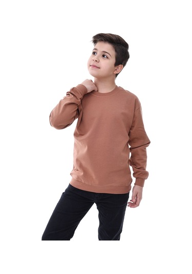 Basic Bisiklet Yaka Şardonlu Çocuk Sweatshirt 3-10 Yaş Krem Kahverengi