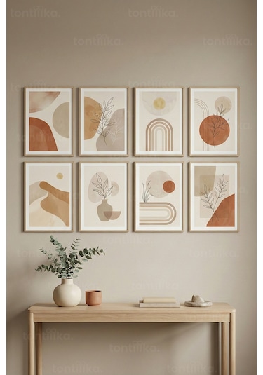 8 Parça Modern Minimal Soyut Botanik Dekoratif Çerçeve Görünümlü Tablo Seti - Minimalist Tema