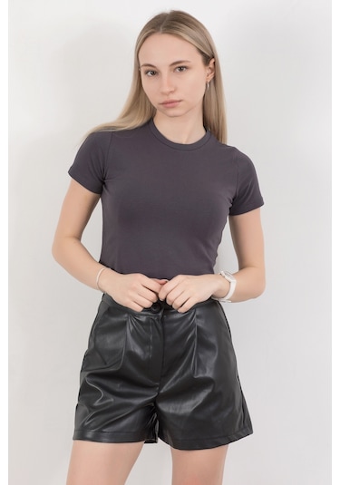 Giysa Kadın Bisiklet Yaka Pamuklu Basic T-shirt Antrasit Ms0000102 Antrasit