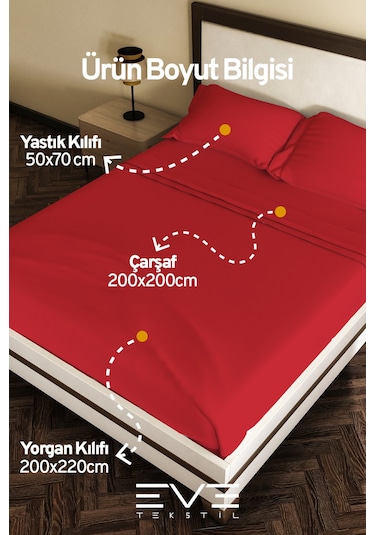 Eve Tekstil %100 Pamuk Ranforce Çarşaflı Yastık Ve Yorgan Kılıflı Çift Kişilik Nevresim Takımı 200x220 Cm Kırmızı
