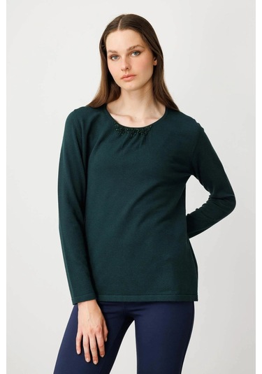 Desen Triko Kadın Sıfır Yaka Dantel Çiçek İşlemeli Ligralı Bluz 25093 Yeşil Yeşil