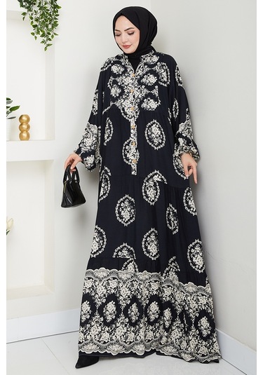 Giral Dokuma Viskon Elbise 1543 - Siyah Siyah