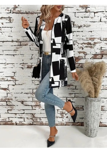 Kadın Uzun Kollu Önü Açık Desenli Modal Kısa Ceket Siyah