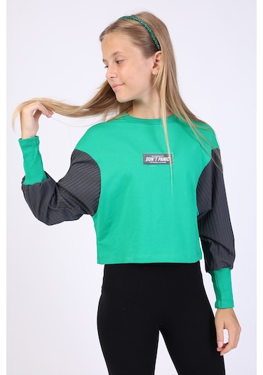 Kız Çocuk Relax Fit Bisiklet Yaka Düşük Omuz Baskılı Crop Sweatshirt - Renk Bloklu & 2 İplik Çimen Yeşili Kız Çocuk Relax Fit Bisiklet Yaka Düşük Omuz Baskılı Crop Sweatshirt - Renk Bloklu & 2 İplik Çimen Yeşili