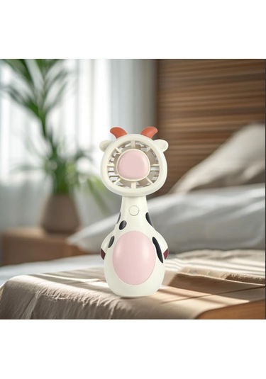 Mini El Fanı Şarjlı Telefon Tutuculu İnek Figürlü 3 Kademeli Taşınabilir Vantilatör Masa El Tipi Serinletici Soğutucu