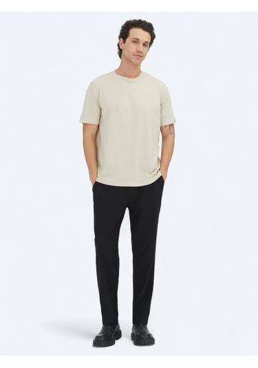 Bej Düz Bisiklet Yaka %100 Pamuk T-shirt Bej