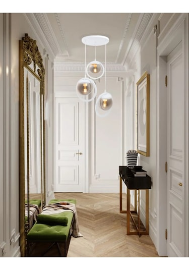 Halka 3 Lu Tepsi. Glop Füme Rengi Camlı Beyaz Avize. Salon, Mutfa Beyaz