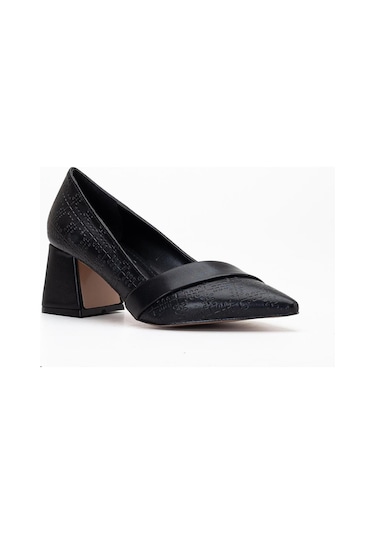 Kadın Topuklu Ayakkabı Siyah Baskılı Deri Yanyüzlü Sivri Kalıp-3577 Siyah