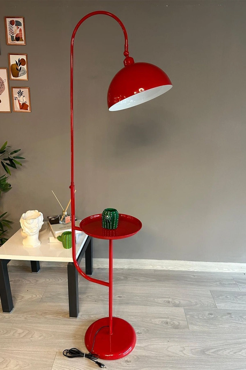 Kırmızı Lambader Hareketli Başlık Tepsili Modern Dekoratif Metal Oturma Odası Çalışma Odası Zemin Lambası Kırmızı