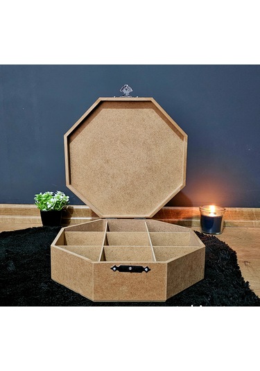 Ahşap Sekizgen Model 9 Bölmeli Aksesuar Kutusu Ham Boyanabilir