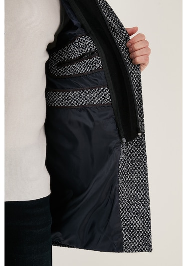 Buratti Çıkarılabilir Kapüşonlu Kırçıllı Slim Fit Kaşe Erkek Kaban 5841013 Lacivert Noktalı