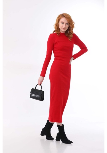 Kallima Kırmızı Bodycon Dik Yaka Uzun Kollu Fitilli Elbise-130 Cm Kırmızı