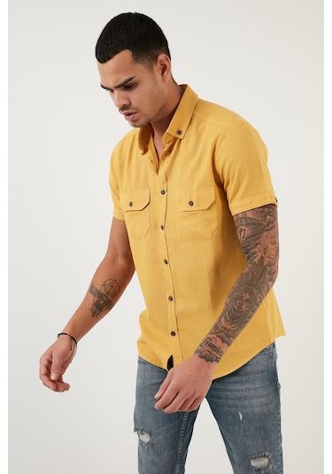 Buratti Düğmeli Yaka Pamuklu Slim Fit Cepli Erkek Gömlek Cf21S111153 Hardal