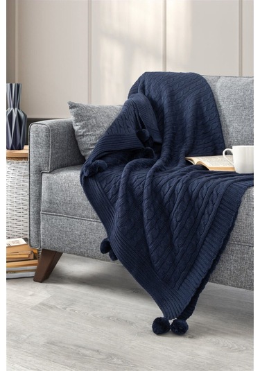 Ponponlu Triko Örme Tv Battaniyesi Koltuk & Omuz Şalı & Diz Battaniyesi 130x170 Cm-lacivert Lacivert