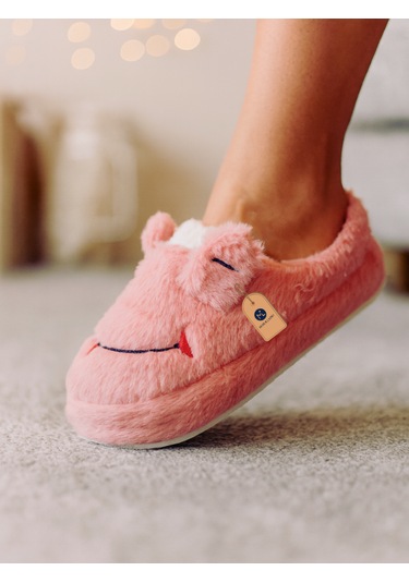 Kadın Pembe Peluş Panduf Ev Terliği Kışlık Sıcak Tutucu, Kaymaz Taban, Sevimli Tasarım Pembe