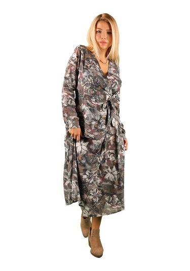 Kadın Çapraz Kapamalı Çiçek Baskılı Viskon Elbise Gri
