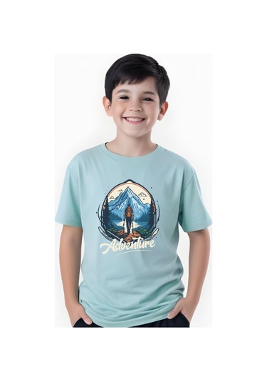 Adventure Baskılı Erkek Çocuk Yuvarlak Yaka Kısa Kollu T-shirt Mint Yeşili