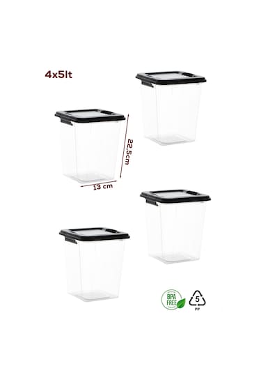 Porsima 4371 4 Lü Mega Boy Hava Geçirmez Deterjan Saklama Kabı Erzak Saklama Kabı Seti Gri 5 Lt Şeffaf