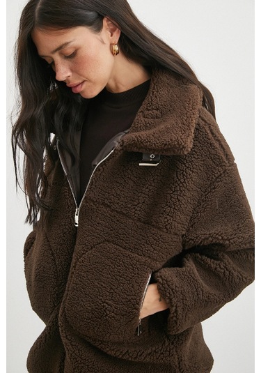 Yaka Detaylı Peluş Mont Kahve Kahve