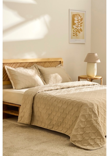 Kaşmir Home Greta Geometrik Çift Kişilik Yatak Örtüsü Takımı Bej Bej
