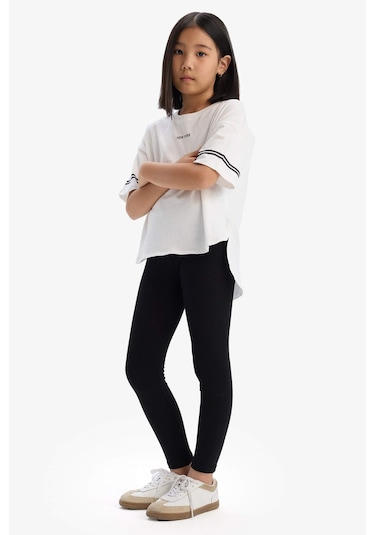 DeFacto Kız Çocuk 2'li Takım Kısa Kollu Baskılı Tişört Tayt E3815A825SMER105 Ekru