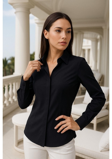 Kadın Siyah Viskon Gizli Düğme Detaylı Slim Fit Trend Gömlek Çok Renkli