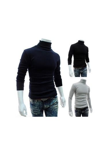 Siyah Sıcak Örme Gömlek Şık Üst Balıkçı Yaka Düz Renk Esnek Örme Gömlek Siyah