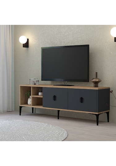 3505 Era Tv Ünitesi 150 Cm Kapaklı Raflı Antrasit - Sepet Tv Sehpası Antrasit - Sepet