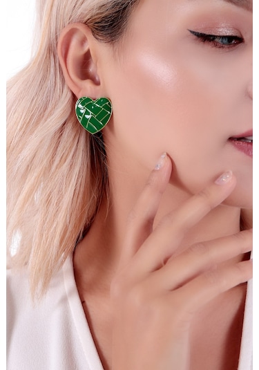 Bhs Life 925 Ayar Kadın Gümüş Kalp Yeşil Desenli Seramik Küpe Yeşil