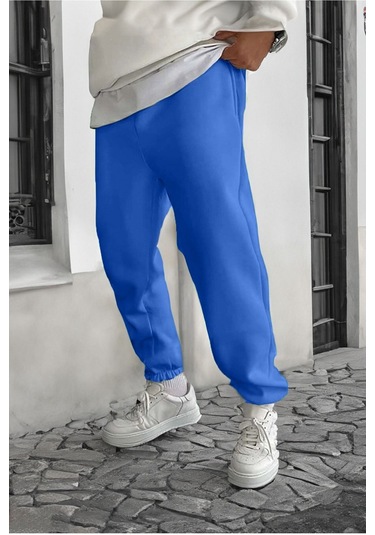 Smile Face Sax Mavi Jogger Eşofman Altı - Paça Baskı Detaylı Lastik Paça Baskılı Rahat Tarz Sax Mavi