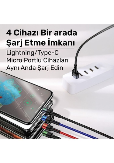 Usams Us-sj317 4in1 2 Lightning 1 Type-c 1 Micro Uçlu 1.2m 2a Örgülü Renkli Şarj Ve Data Kablosu
