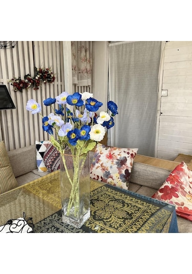 Yapay Çiçek Gelincik Çiçeği Mavi Koyu Renk 3 Çiçek 1 Tomurcuk 59cm