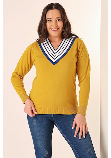 Şeritli V Yaka Büyük Beden Triko Kazak-35348-hardal Hardal