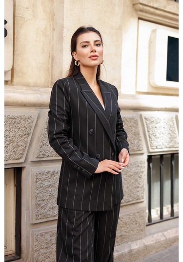4 Düğmeli Kruvaze Geniş Çizgili Takım Siyah Siyah