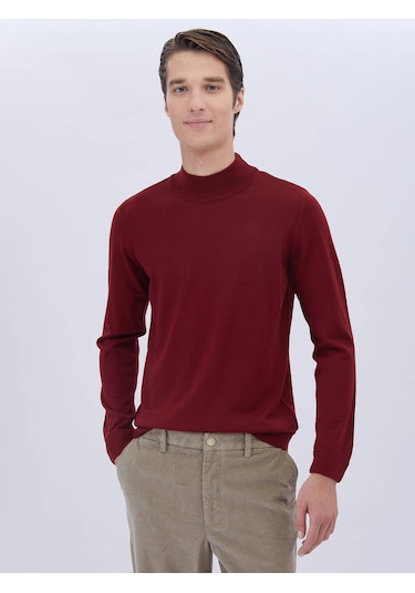 Kip Kırmızı Yarım Balıkçı Yaka Düz Örgü Yün Karışımlı Triko Çok Renkli