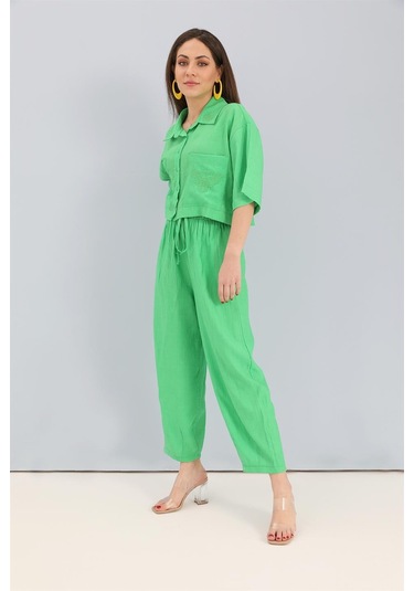Takım Nakış Detaylı Viskon Gömlek Pantolon - Yeşil-yeşil Yeşil