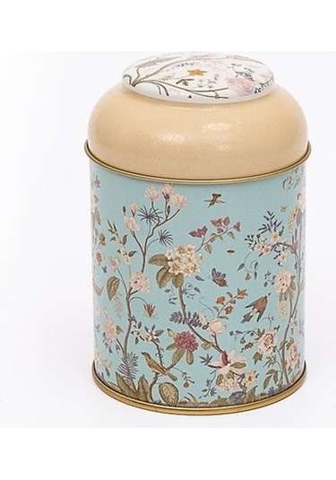 Flora Blue Desenli Yuvarlak Metal Saklama Kabı, 9 X 11 Cm, 0,6 Lt Desenli